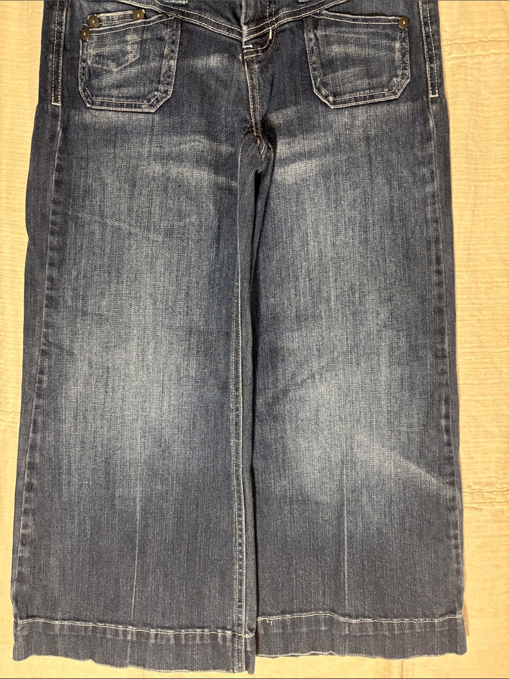Vtg Candie's Y2K Wide-Leg Denim Capri Jeans 1 Multi Stitch Patch Pocket Coulotte - Picture 5 of 12